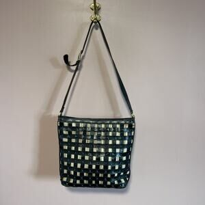 Vintage Leather Grid Stitch Black Purse Shoulder Bag Flat Lattice 70’s